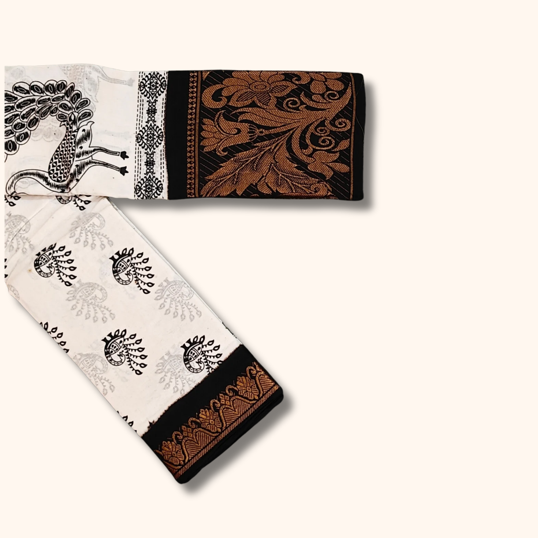 Authentic White Peacock Print Sungudi Cotton Saree