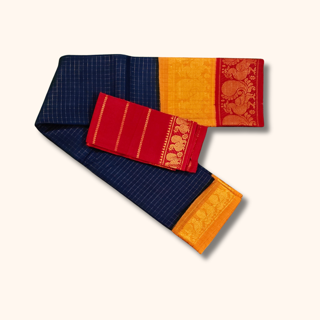 Navy Blue Chettinad Cotton Saree with Mustard & Red Temple Border