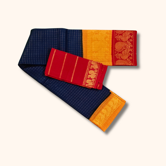 Navy Blue Chettinad Cotton Saree with Mustard & Red Temple Border