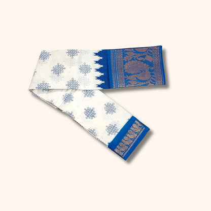 Cream Sungudi Cotton Saree with Royal Blue Ikkat Border