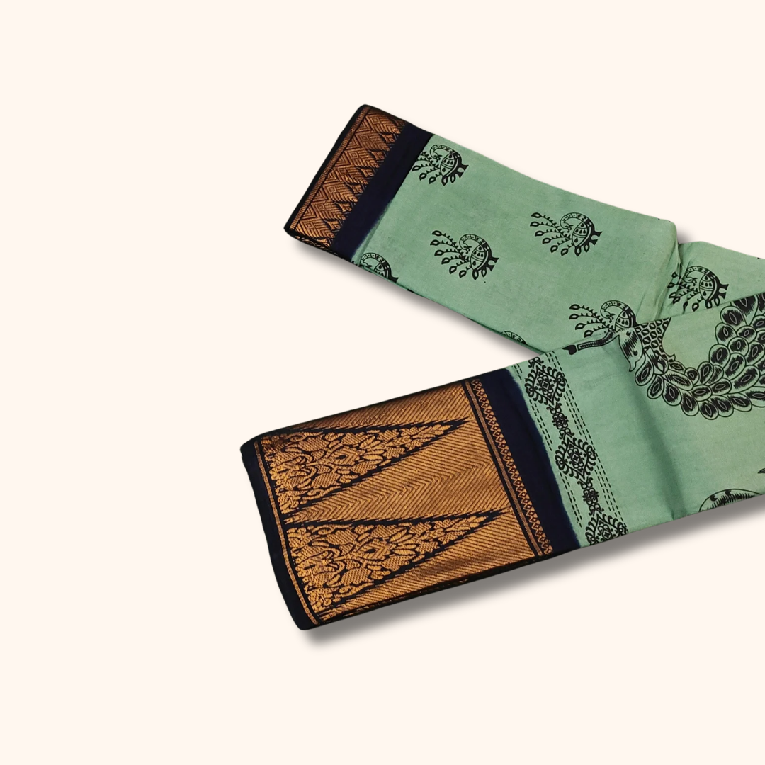Mint Green & Black Peacock Print Sungudi Cotton Saree with Temple Zari Border