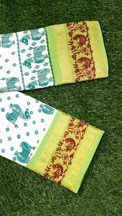 Off-White Sungudi Cotton Saree with Green Elephant Motifs & Light Green Border