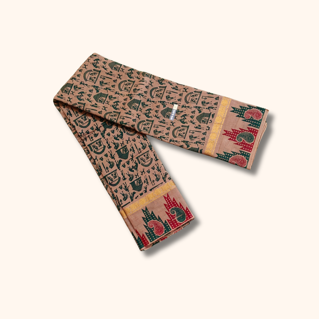 Beige Cotton Saree with Traditional Kalamkari-Inspired Prints & Multicolour Border – Running Blouse