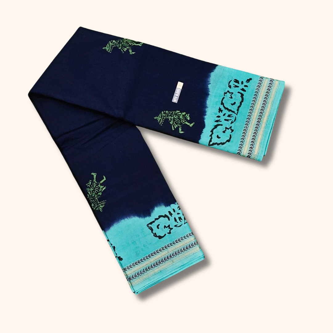 Navy Blue & Aqua Blue Batik Cotton Saree with Running Blouse