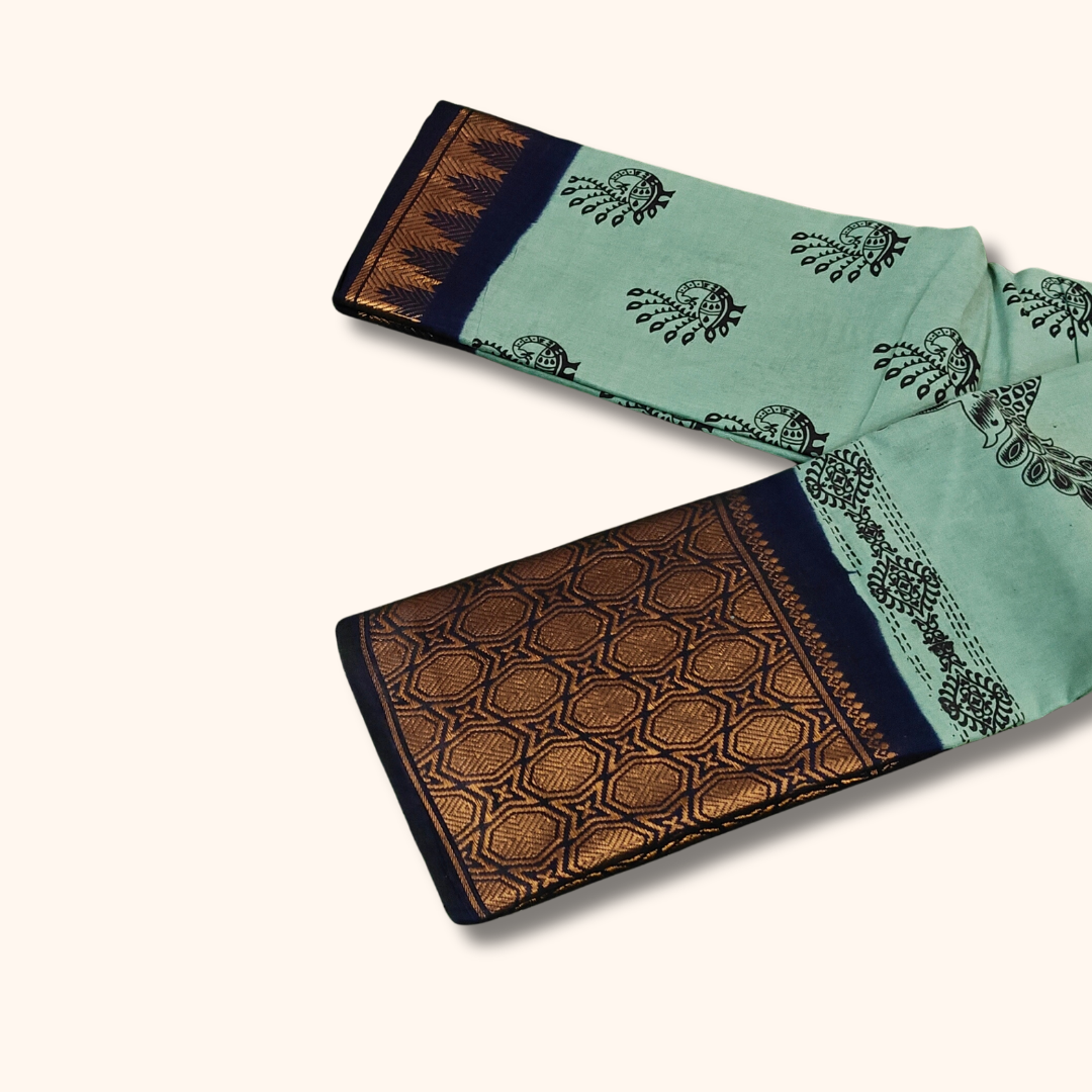 Mint Green Cotton Saree with Geometric Woven Border