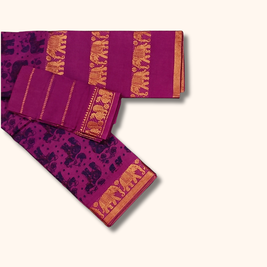 Rani Pink Elephant Border Cotton Saree with Separate Blouse Piece