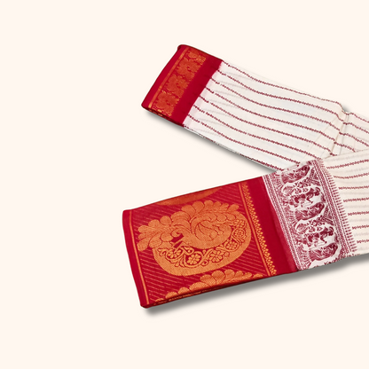 Off White Sungudi Cotton Saree with Red Peacock Border