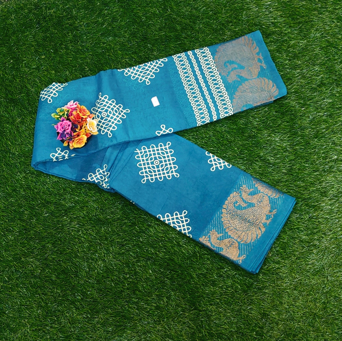 Beautiful Teal Blue Kolam Sungudi Cotton Saree with Peacock Zari Border