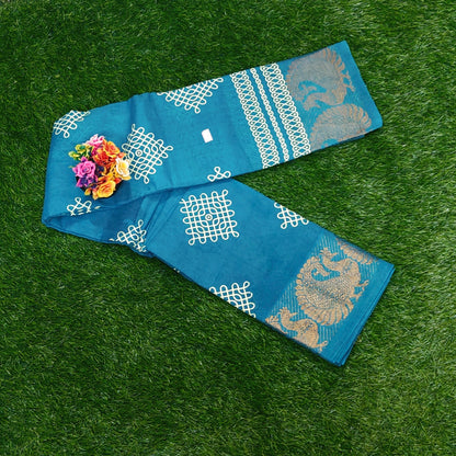 Beautiful Teal Blue Kolam Sungudi Cotton Saree with Peacock Zari Border