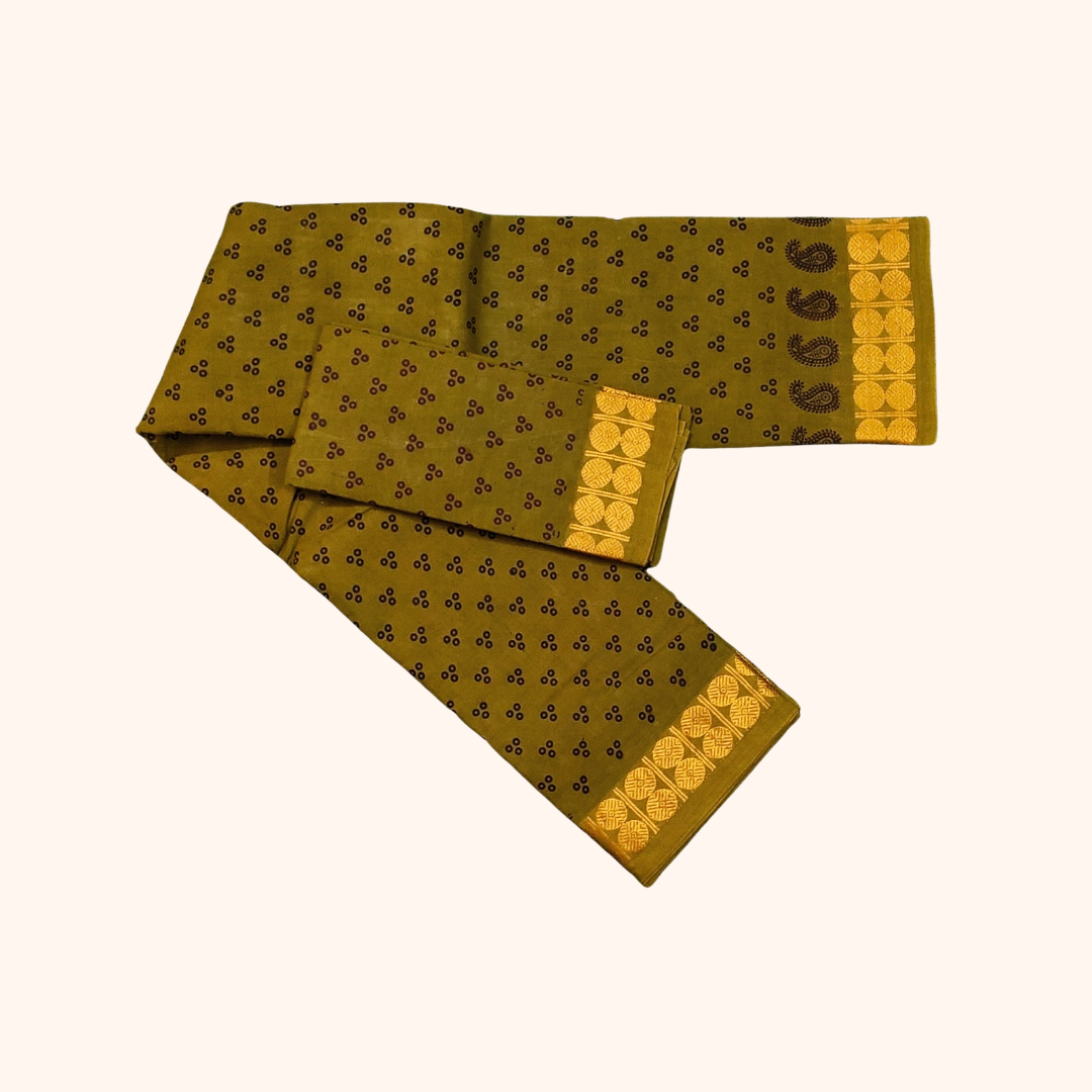 Olive Green Dot Print Cotton Saree with Gold Zari Border