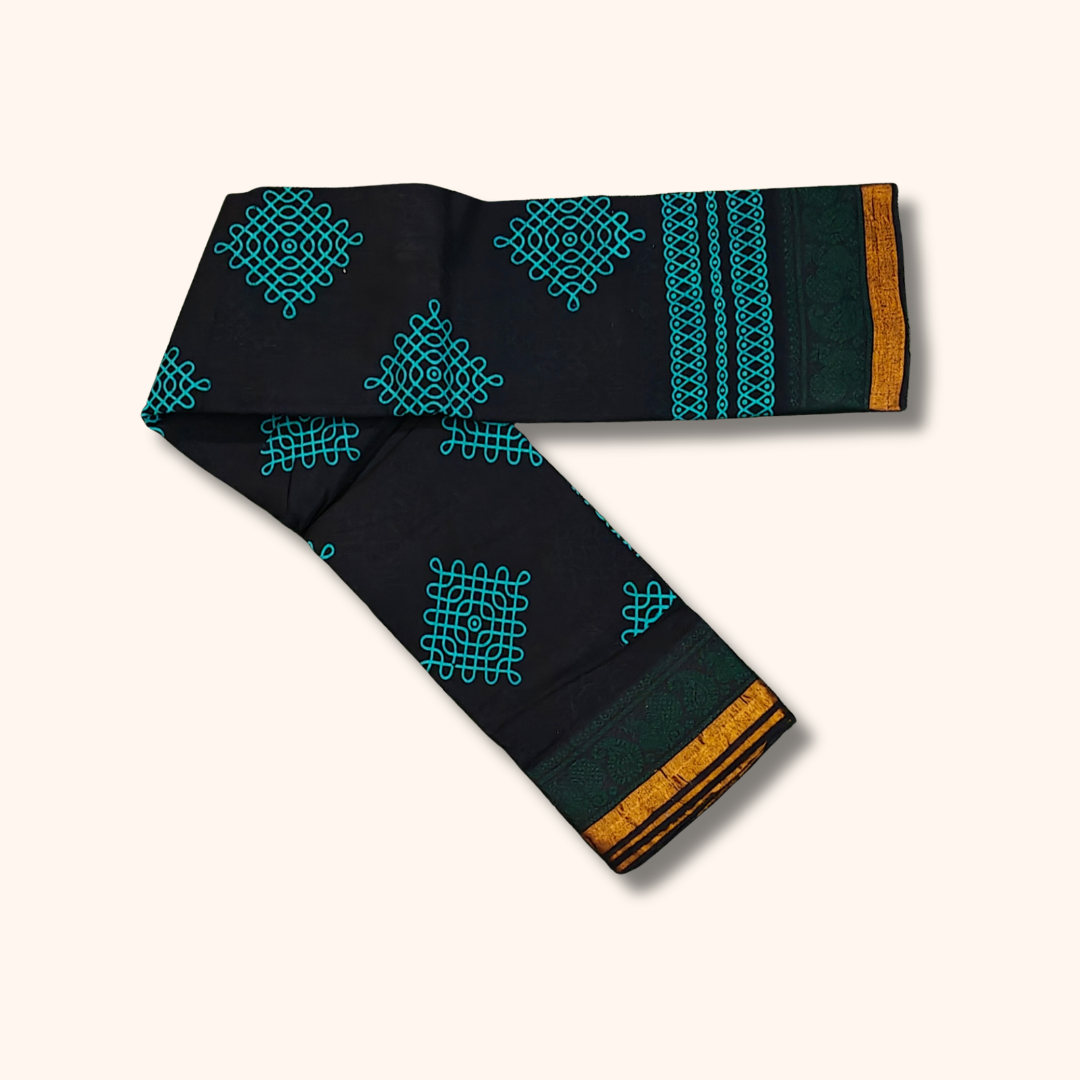 Black Kolam Print Cotton Saree with Dark Green Border