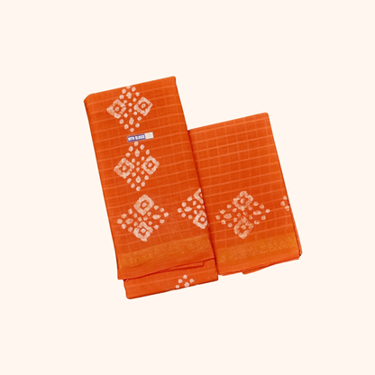 Bright Orange Sungudi Cotton Saree with Traditional White Batik Motifs & Matching Blouse Piece