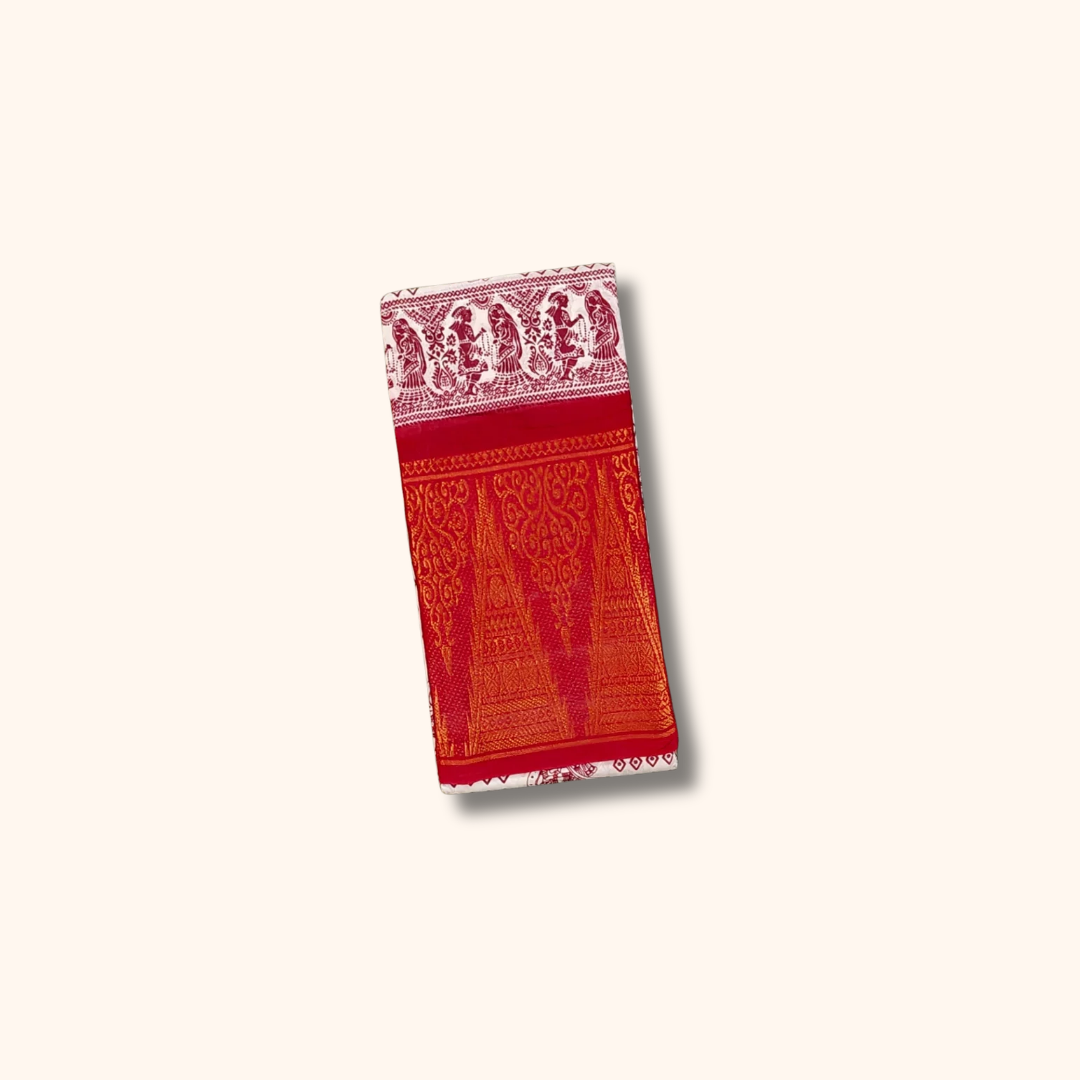 White Printed Cotton Saree with Red Temple Border