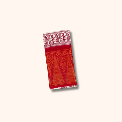 White Printed Cotton Saree with Red Temple Border