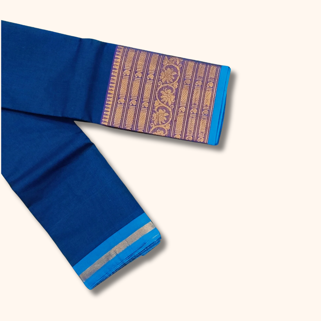 Royal Blue Chettinad Cotton Saree with Lavender Zari Border