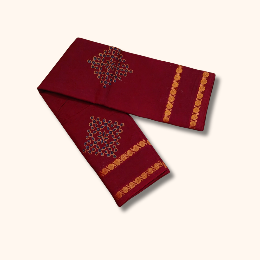 Maroon Kolam Design Cotton Saree with Gold Border and Running Blouse