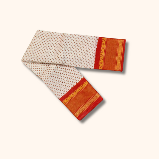 Off-White Cotton Saree with Tiny Floral Print & Orange Gold Zari Border – No Blouse