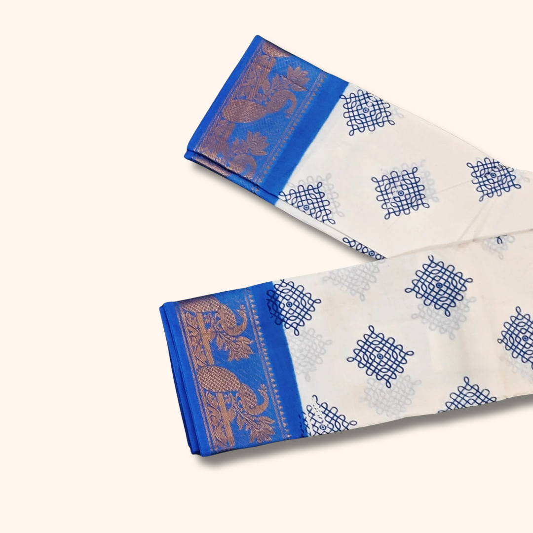 White Peacock Border Sungudi Cotton Saree with Royal Blue Border