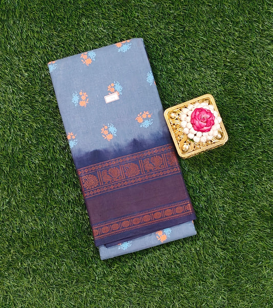 Steel Blue Cotton Saree with Floral Buttas & Contrast Border