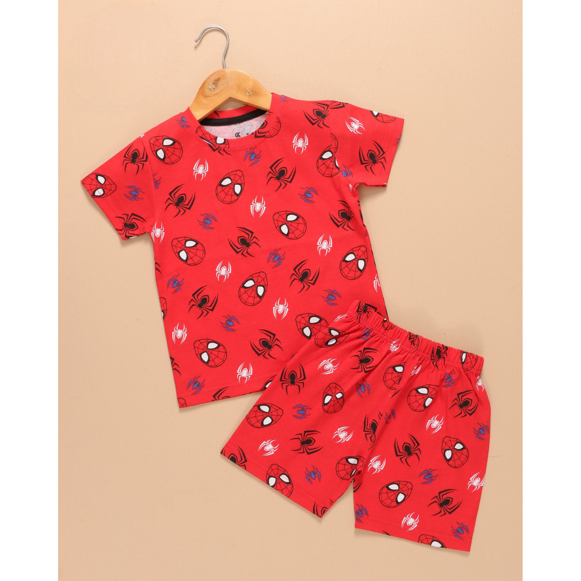 Kids Unisex Pure Cotton T-Shirt & Shorts Set – Spider Print Summer Wear (Red)