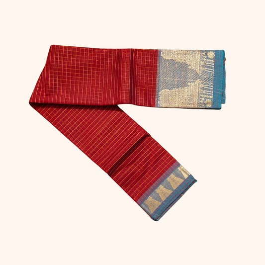 Classic Red Chettinad Cotton Saree with Teal green Temple Border
