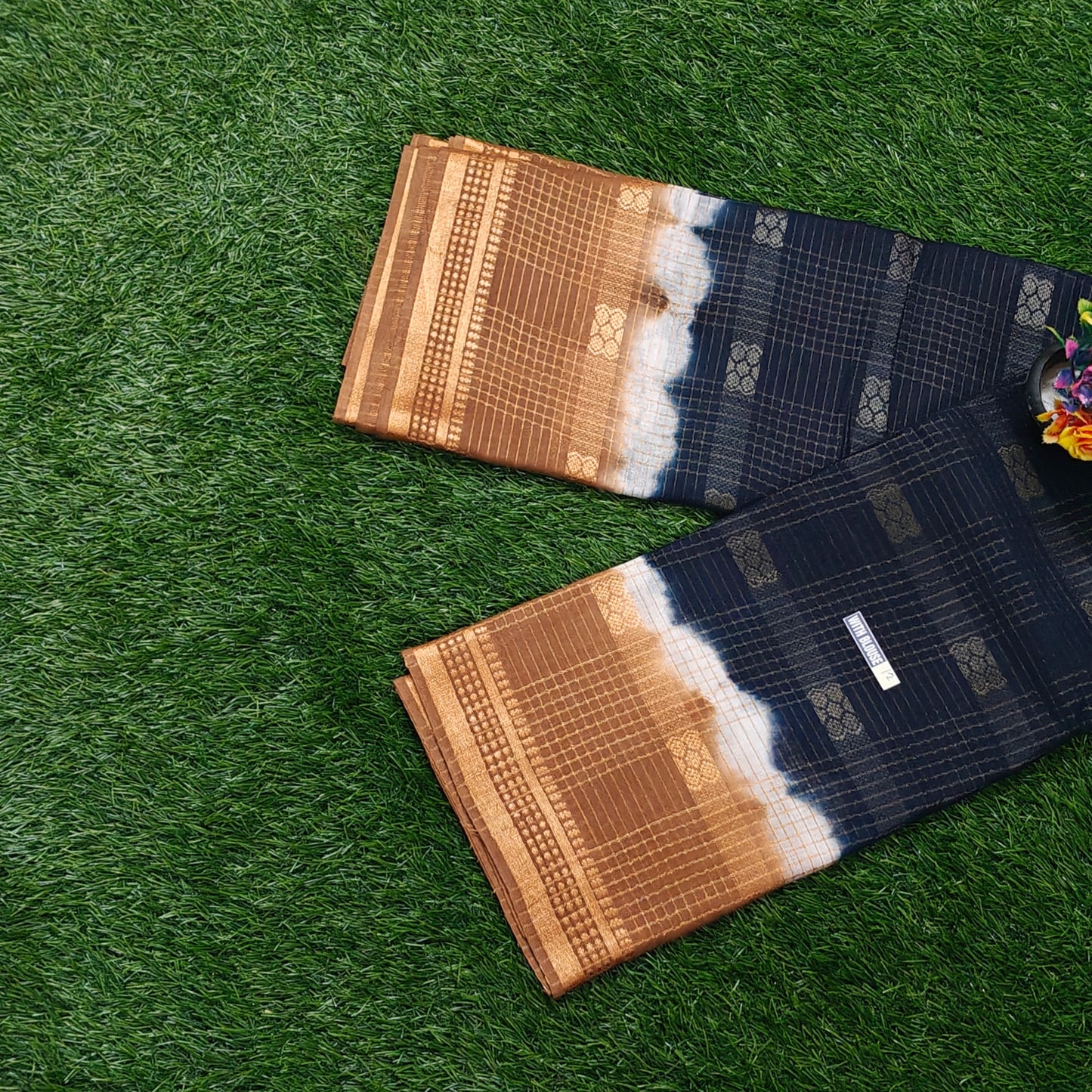 Midnight Blue Thread Work Sungudi Saree with Copper Zari Border