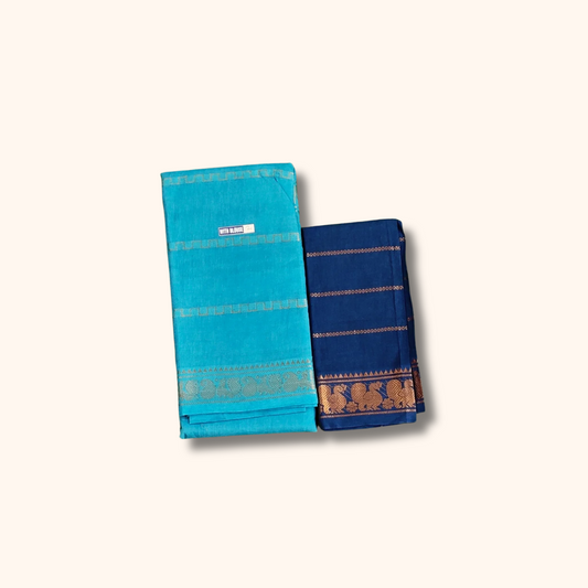 Turquoise Blue Sungudi Cotton Saree with Navy Blue Peacock Border Blouse