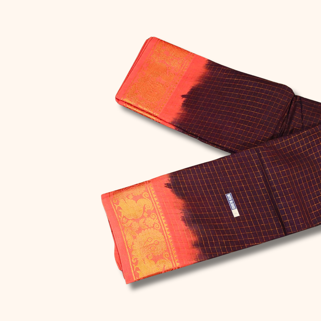 Dark Coffee Brown Sungudi Cotton Saree with Coral Orange Peacock Border