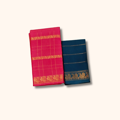 Pink Pure Sungudi Cotton Saree with Gold Zari Checks & Navy Blue Blouse Piece