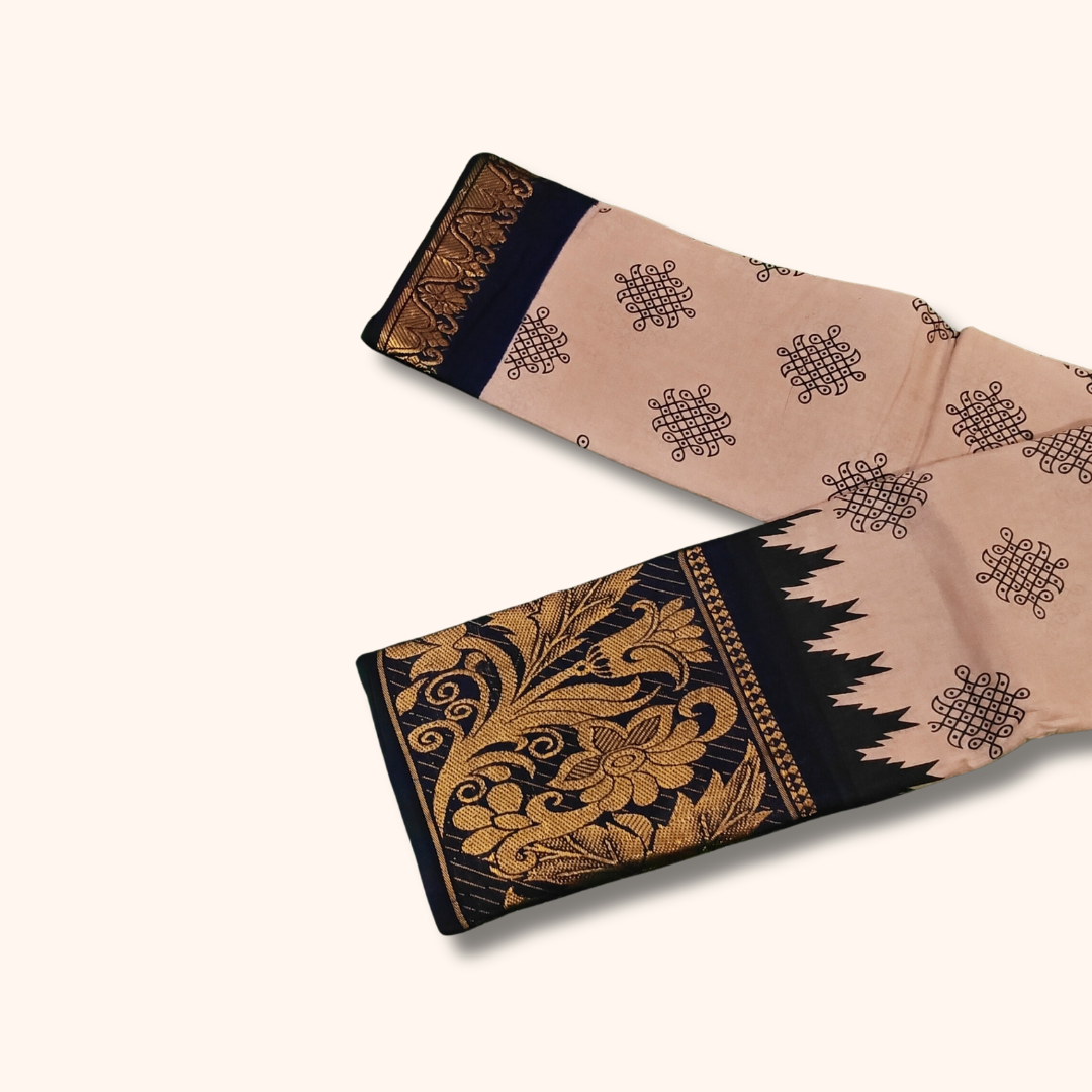 Light Pink Kolam Print Cotton Saree with Black Floral Border