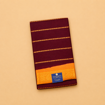 Maroon Cotton Saree with Mustard Yellow Border & Running Blouse
