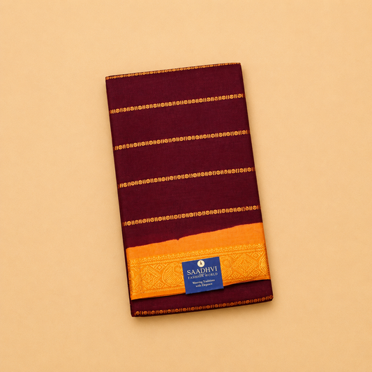 Maroon Cotton Saree with Mustard Yellow Border & Running Blouse