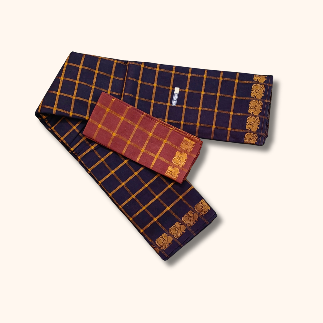 Pavithra Kattam Sungudi Cotton Saree – Navy Blue with Gold Checks & Traditional Motif Border