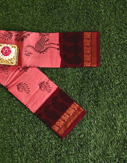 Coral Pink Sungudi Cotton Saree with Maroon Border & Traditional Peacock Prints