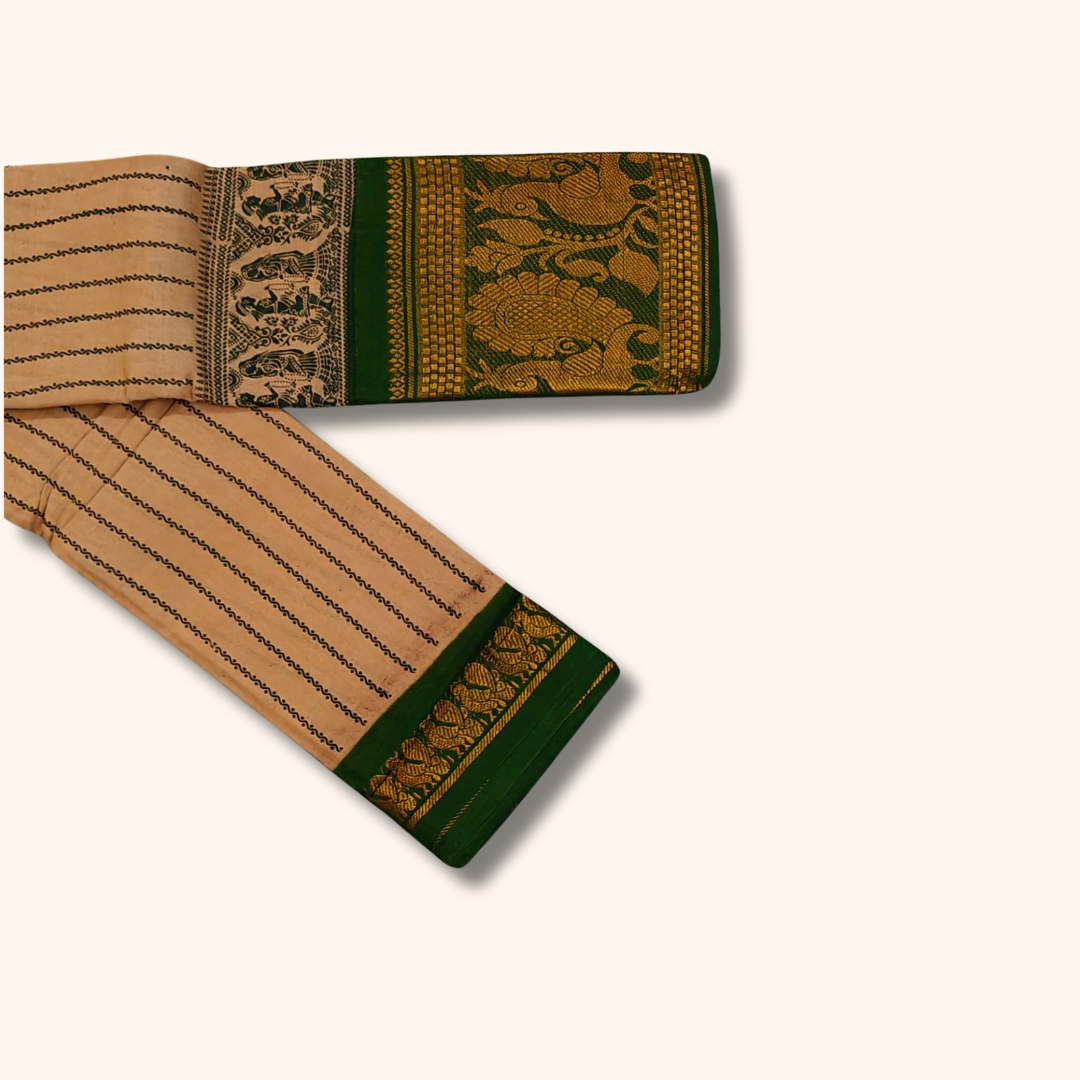 Cream Sungudi Cotton Saree with Green Contrast Zari Border