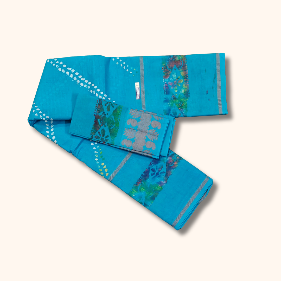 Sky Blue Batik Cotton Saree with Separate Blouse Piece