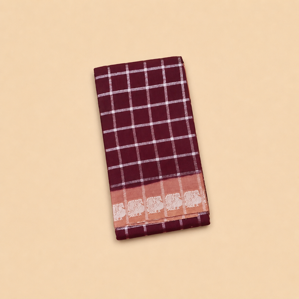 Brown Pavithra Kattam Cotton Saree with Silver Checks