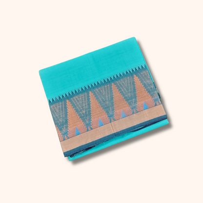 Aqua Blue Chettinad Cotton Saree with Tower Border