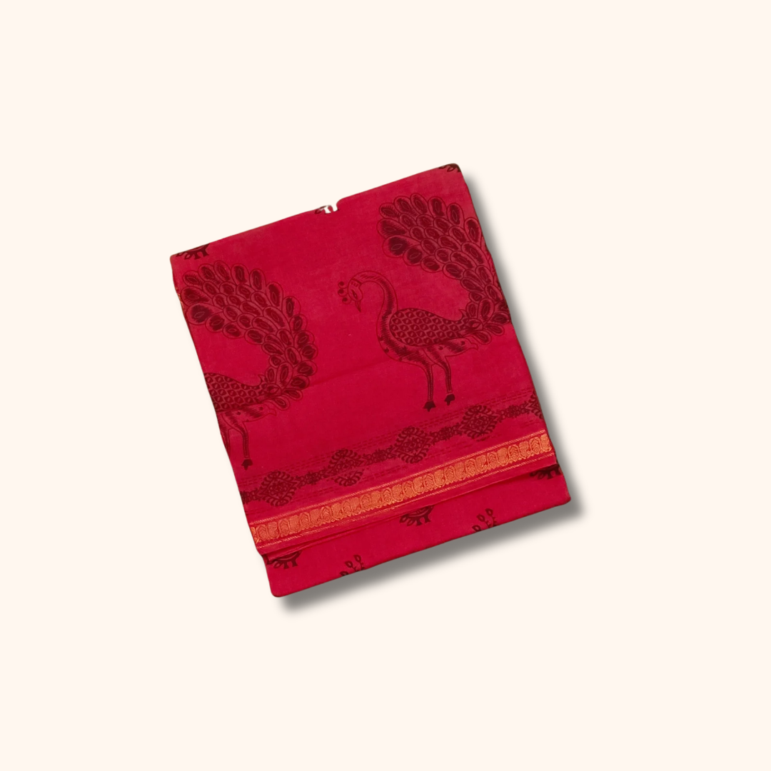 Deep Red Peacock Print Cotton Saree