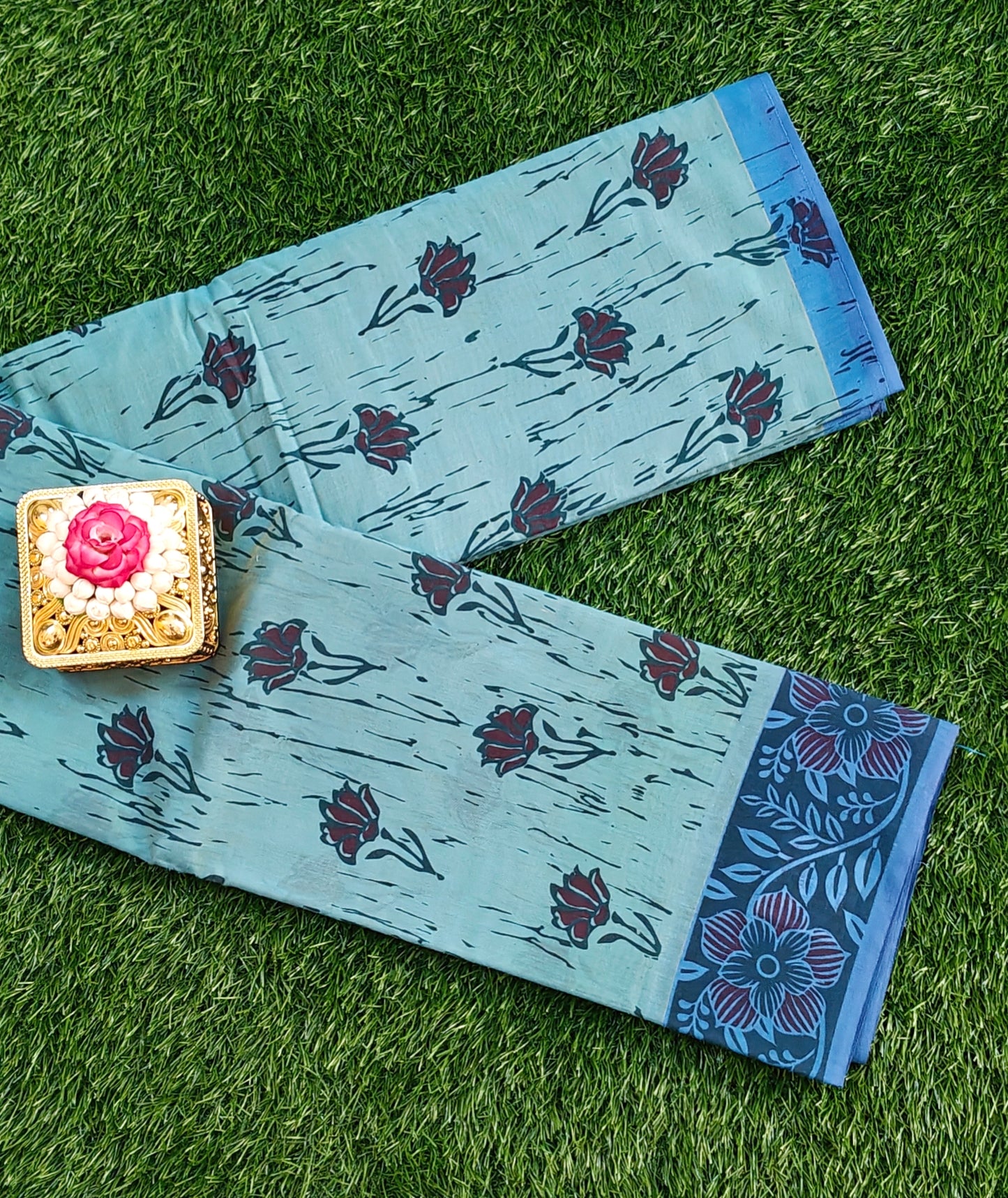 South Indian Pure Cotton Saree with Floral Block Print