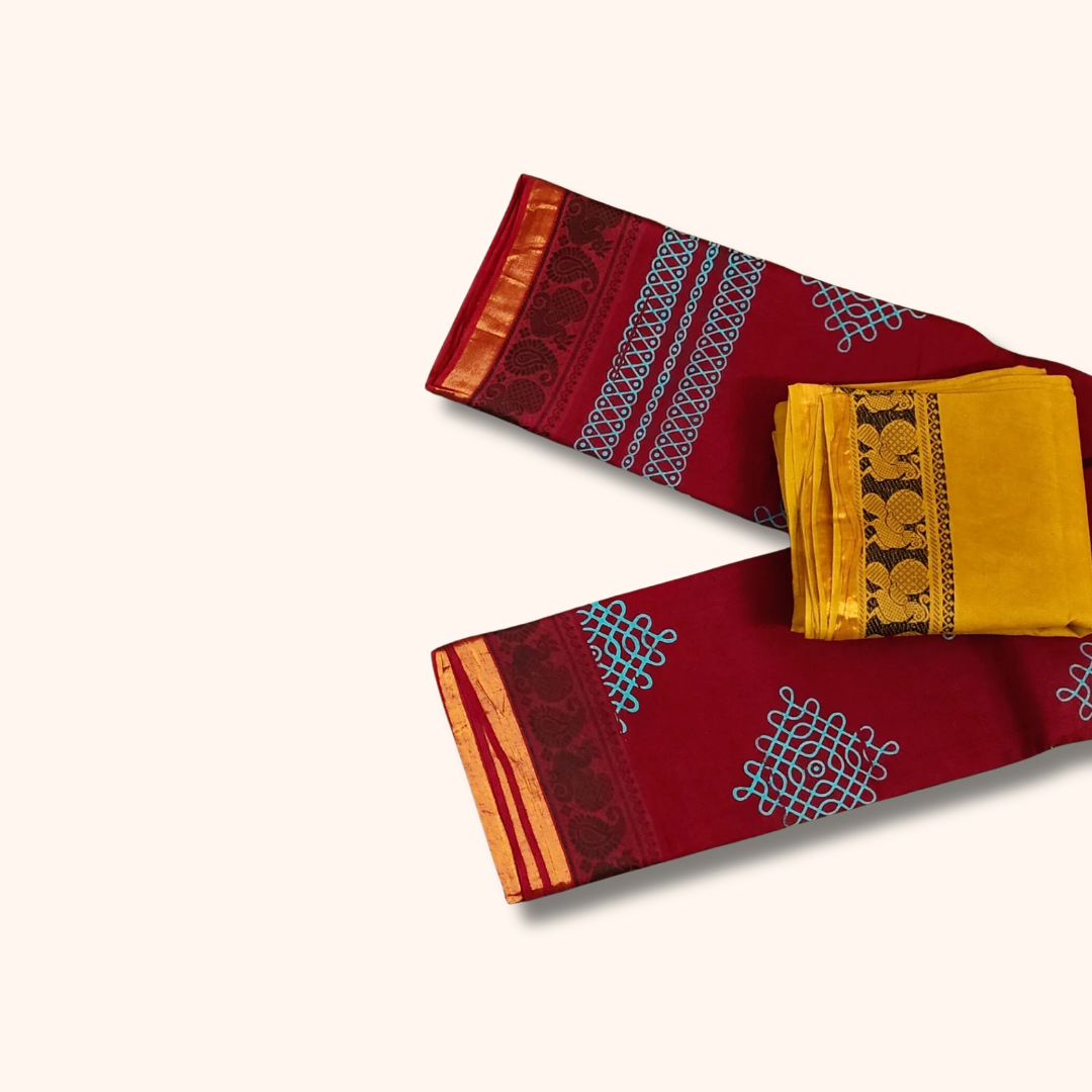 Maroon Sungudi Cotton Saree with Kolam Motifs & Mustard Yellow Blouse Zari Border