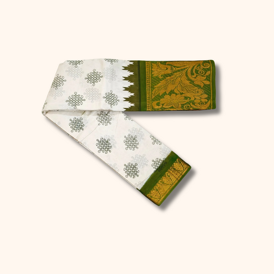 Cream Sungudi Cotton Saree with Olive Green Floral Zari Border