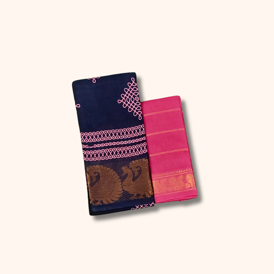 Navy Blue Sungudi Cotton Saree with Pink Kolam Print & Peacock Border