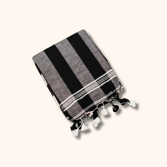 Mulmul Cotton Grey & Black Striped Saree
