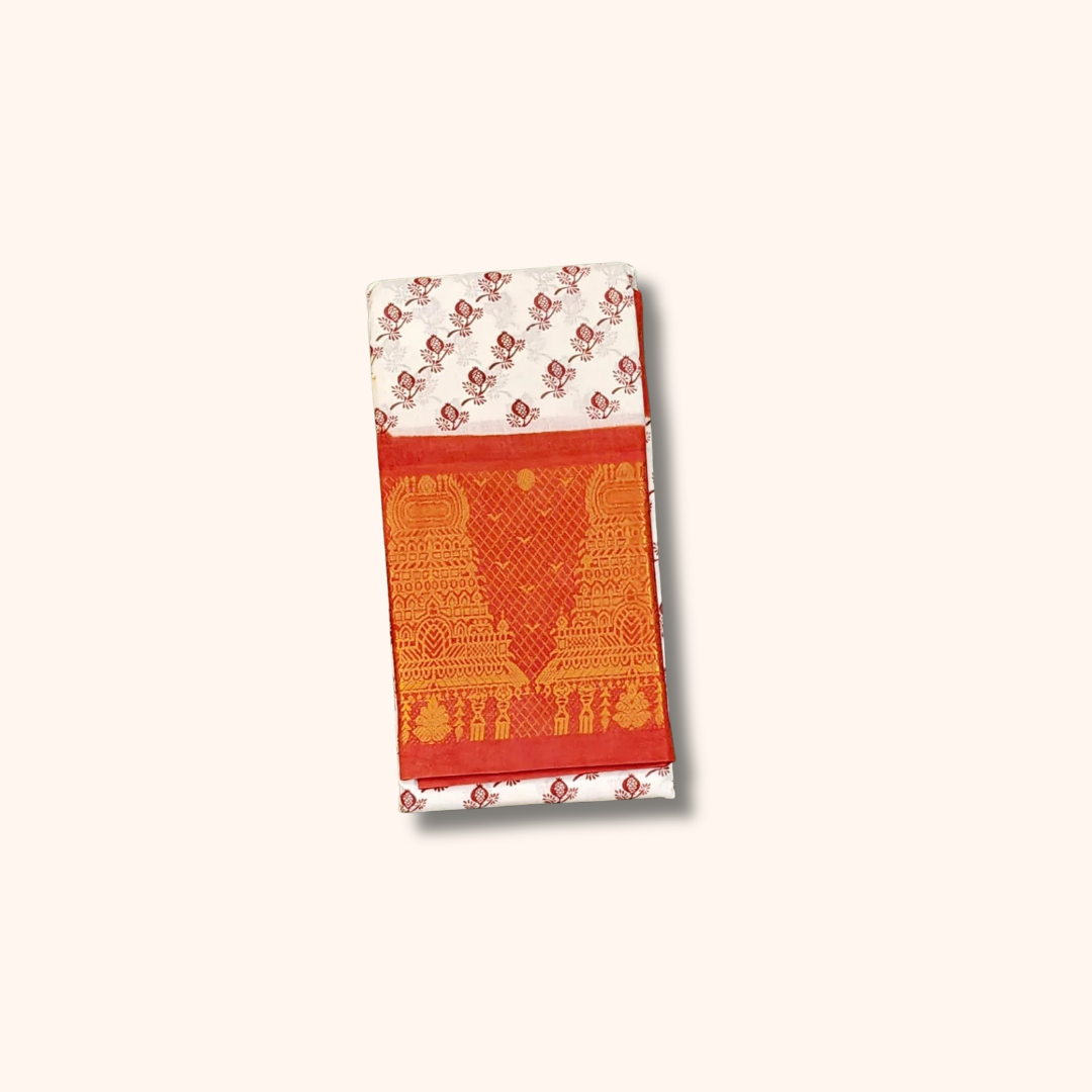 Off-White Cotton Saree with Maroon Floral Print & Red Gold Zari Border – No Blouse