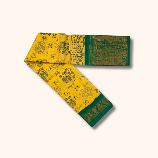 Mustard Yellow Sungudi Cotton Saree with Peacock Green Border