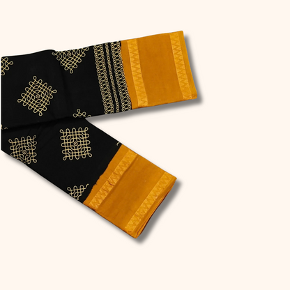 Black & Mustard Yellow Kolam Cotton Saree with Running Blouse