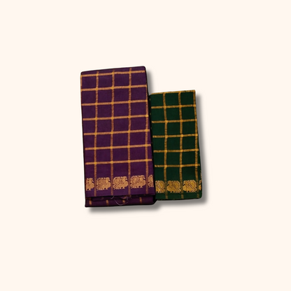 Pavithra Kattam Sungudi Cotton Saree – Dark Maroon with Gold Checks & Traditional Border