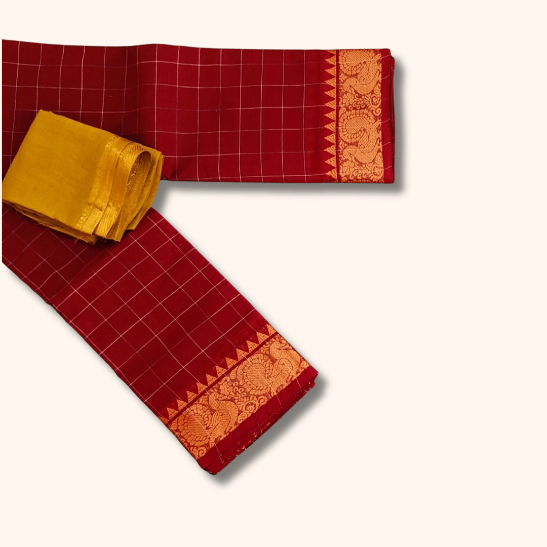 Red Checked Chettinad Cotton Saree with Mustard Blouse Piece