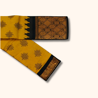 Mustard Yellow Kolam Cotton Saree with Black Rich Pallu
